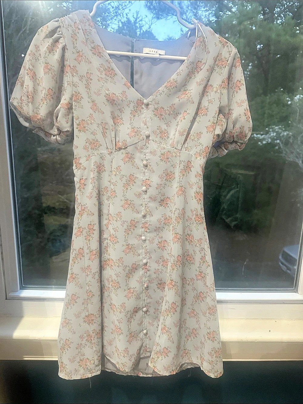 Lush Floral Puff Sleeve Mini Dress in Pink & Green Like New